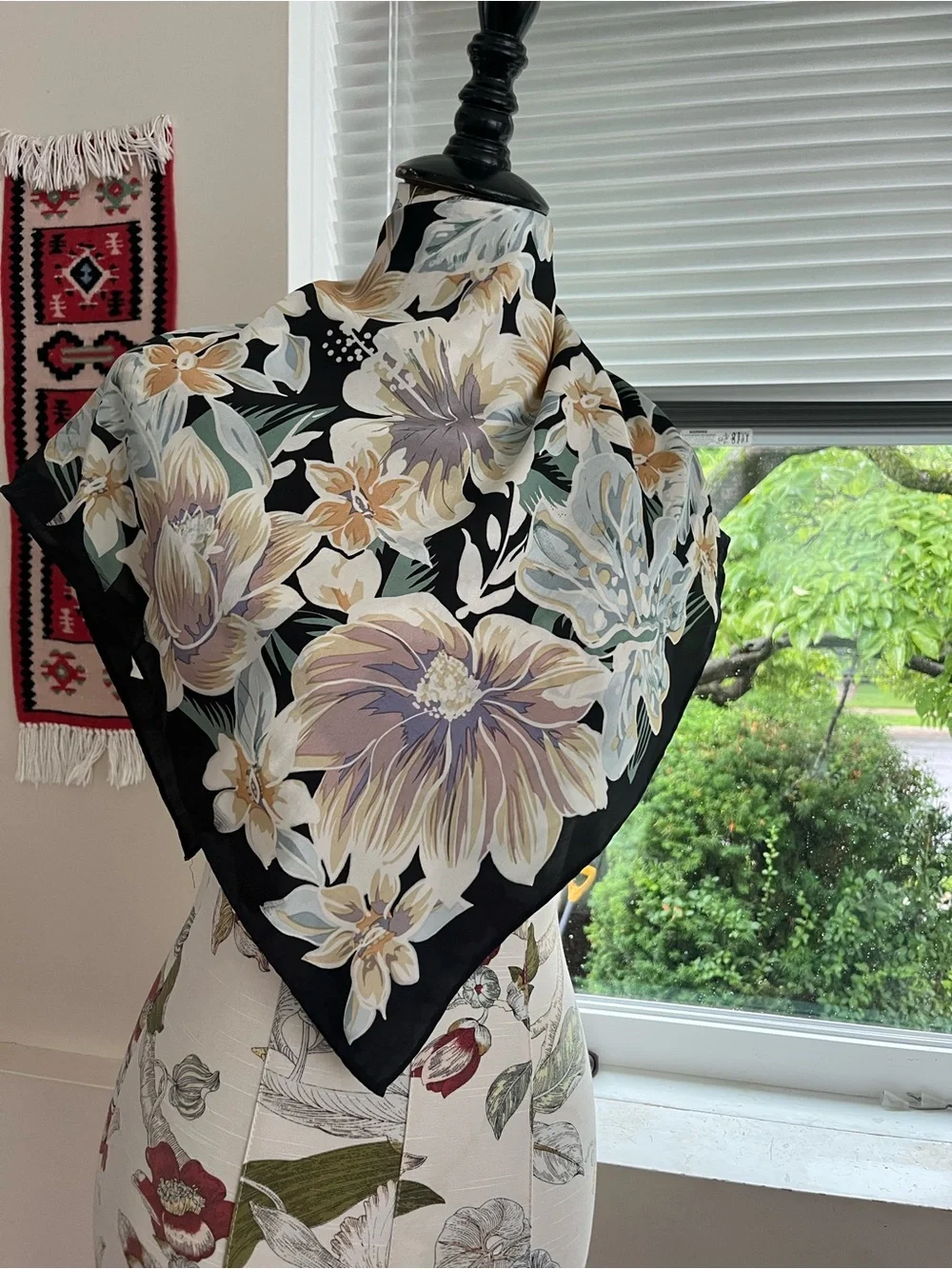 Floral Black Silk-Feel Square Scarf